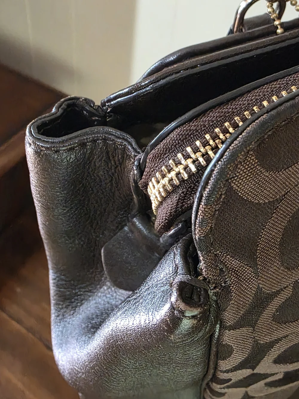 Coach Brown Signature Tote with Dark Leather Trim w matching wallet